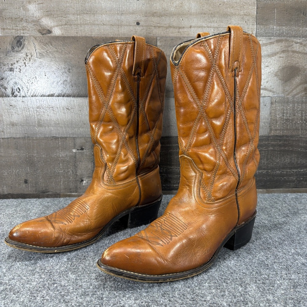 Vintage Acme Cowboy Boots Diamond Stitch Cognac 1644 Pointed Toe Men's 9.5 USA